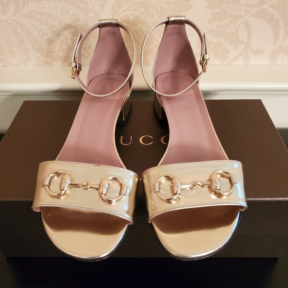 Gucci Metallic Gold Horsebit Flat Ankle Sandal